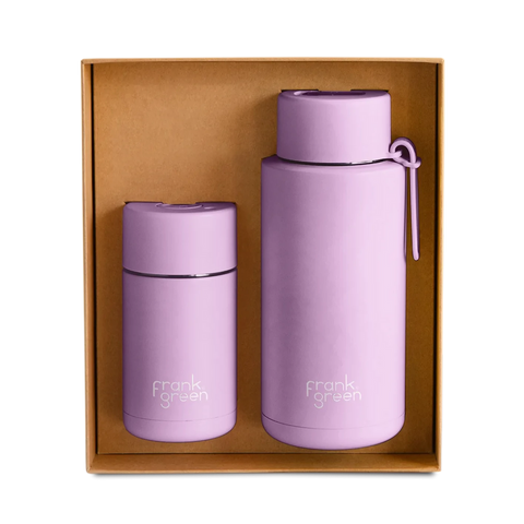 Frank Green Large Essential Gift Set Stainless Steel Ceramic Reusable Bottle + Cup - Lilac Haze(34oz & 120z)