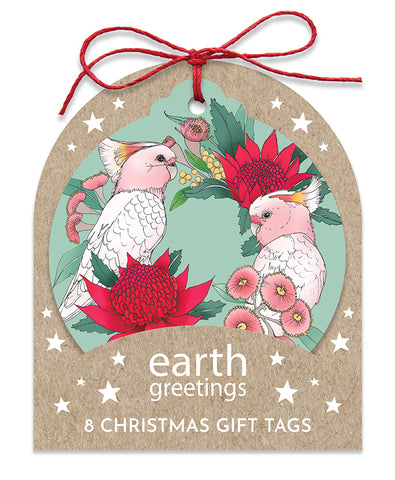 Earth Greetings - Christmas Gift Tags - Pink Cockatoo Wreath ( 8 Pack)